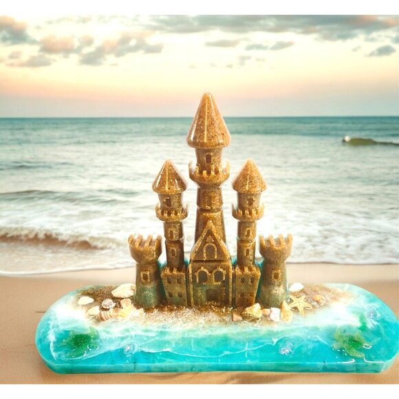 Handmade resin sand castle on Beach with Seashells Ocean Waves Sculpture Decor - Picture 1 of 8